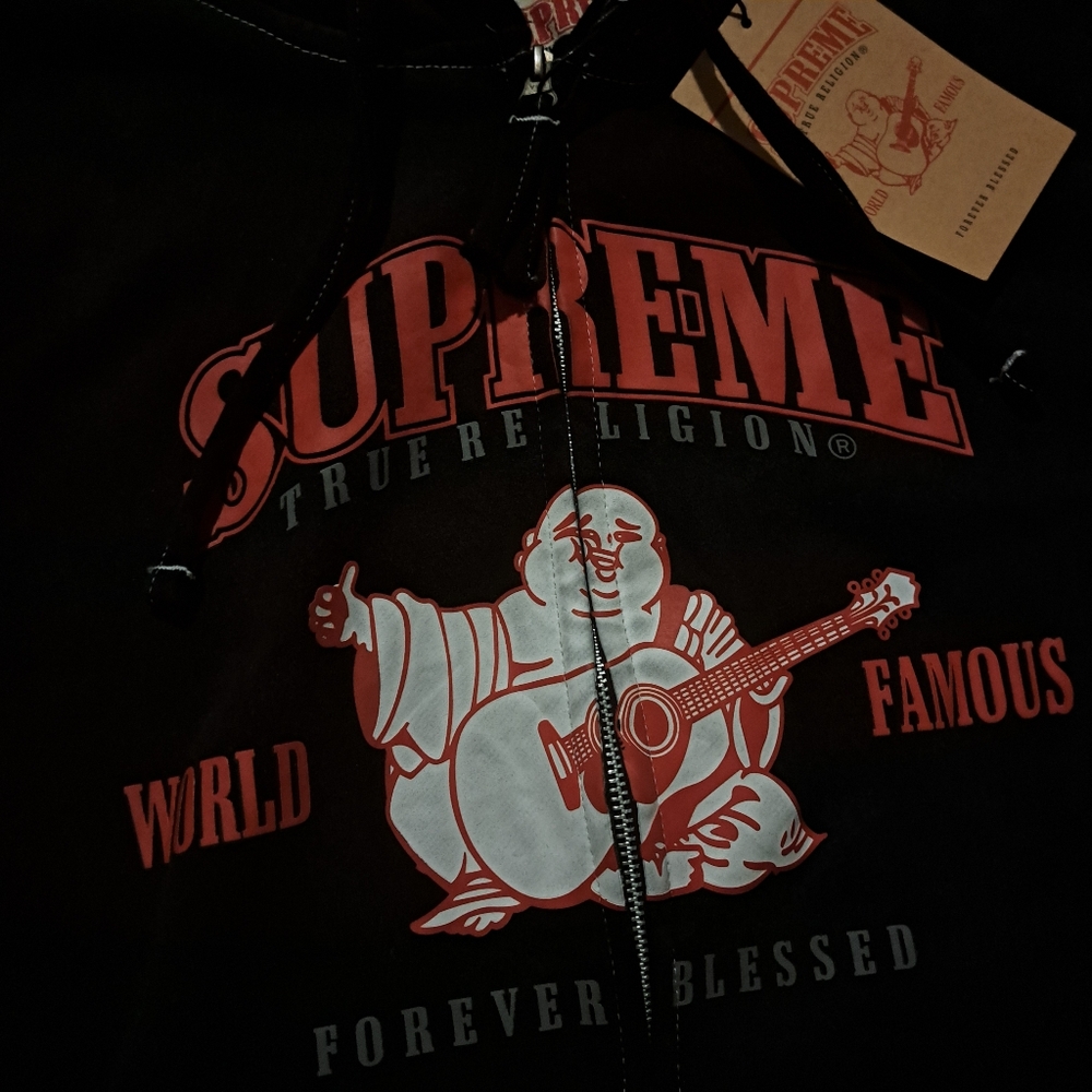 SOLD*NWT Supreme True Religion Hoodie Red Black Embroidery Designer zip up Large - Picture 2 of 7